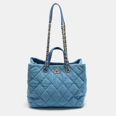 Pre-owned Chanel Light Quilted Terry Cloth Coco Beach Shopper Tote In Blue