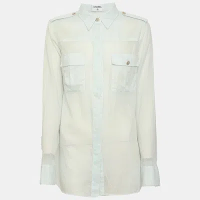 Pre-owned Chanel Light Turquoise Gauze Cc Button Long Sleeve Shirt M In Blue