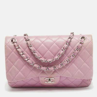 Pre-owned Chanel Lilac Quilted Lambskin Leather Jumbo Classic Double Flap Bag In Purple