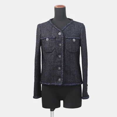 Pre-owned Chanel Lion Button Collarless Jacket 34 Navy Tweed Outerwear In Blue