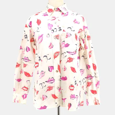 Pre-owned Chanel Lips Pattern Front Opening Long Sleeve Top Shirt White Cotton Size M In Pink
