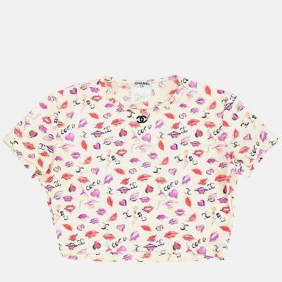 Pre-owned Chanel Lipstick Cropped T-shirt Top Ivory #42 In Multi