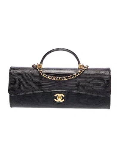 Pre-owned Chanel Lizard Embossed Long Top Handle Clutch W/ Tags In Black