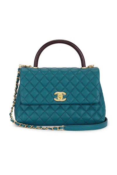 Pre-owned Chanel Lizard Trimmed Caviar Coco Top Handle Bag In Blue