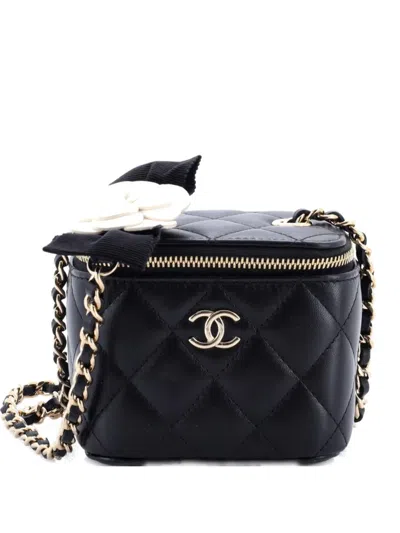 Pre-owned Chanel Lock Frame Vanity Case With Chain Quilted Lambskin Small Clutch Bag In Black