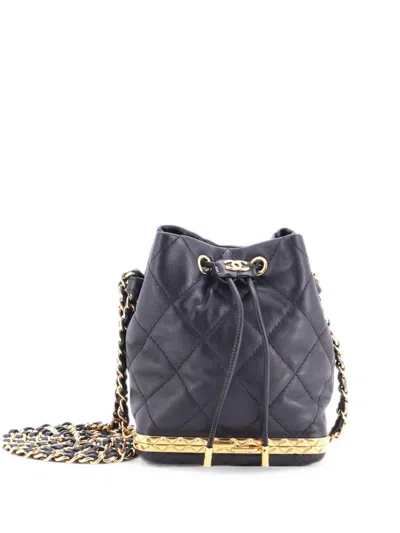 Pre-owned Chanel Lock Frame With Chain Quilted Lambskin Small Bucket Bag In Black