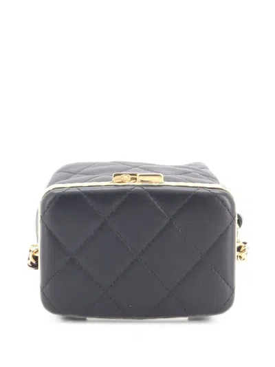 Pre-owned Chanel Lock Frame With Chain Quilted Lambskin Small Bucket Bag In Black