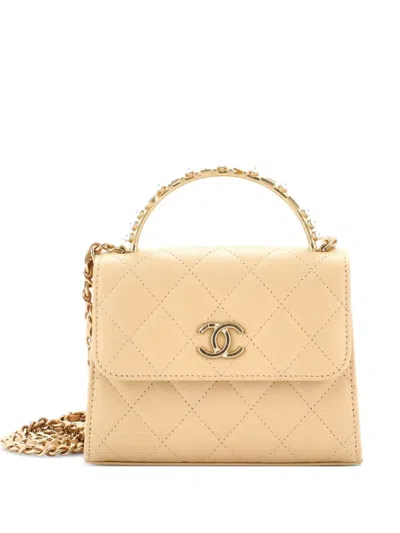 Pre-owned Chanel Logo And Pearl Top Handle Clutch With Chain Quilted Lambskin Small Satchel In Neutral