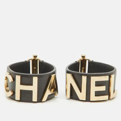 Pre-owned Chanel Logo Black Leather Gold Tone Set Of 2 Bracelets