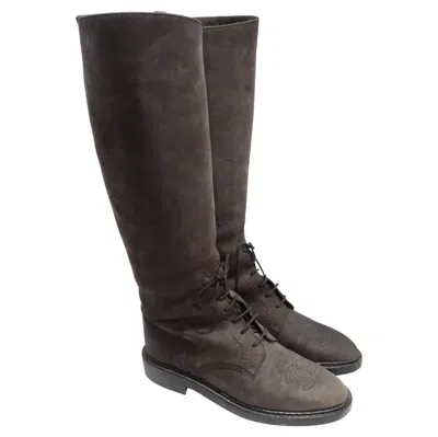 Pre-owned Chanel Logo Brown Leather Knee High Boots