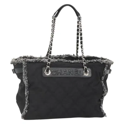 Pre-owned Chanel Logo Chain Tote Quilted Nylon With Tweed Nylon Bag () In Black