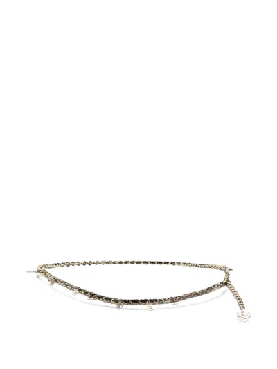 Pre-owned Chanel Logo Charm Interwoven Chain Belt In Gold