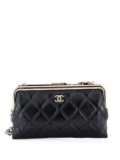Pre-owned Chanel Logo Clasp Frame With Chain Quilted Lambskin Small Clutch Bag In Black