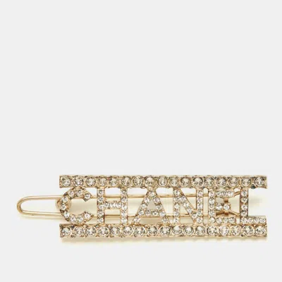 Pre-owned Chanel Logo Crystals Gold Tone Hair Clip