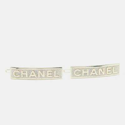 Pre-owned Chanel Logo Crytsals Gold Tone Hair Clips