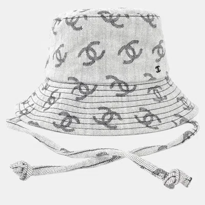 Pre-owned Chanel Logo Denim Grey White Bucket Hat In Gray