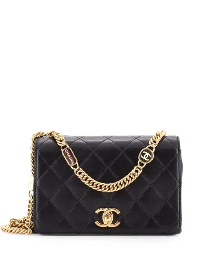 Pre-owned Chanel Logo Enamel Full Flap Bag Quilted Lambskin Mini Shoulder Bag In Black