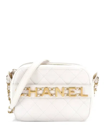 Pre-owned Chanel Logo Enchained Camera Case Quilted Calfskin Crossbody Bag In White