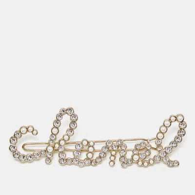 Pre-owned Chanel Logo Faux Pearl Crystals Gold Tone Hair Pin