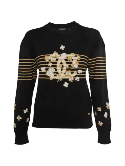 Pre-owned Chanel Logo Floral-detail Long Sleeve Sweater In Black
