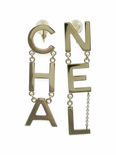 Pre-owned Chanel Cha-nel Logo Letter Drop Earrings In Gold