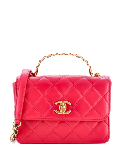 Pre-owned Chanel Logo Links Top Handle Flap Bag Quilted Calfskin Mini Satchel In Pink