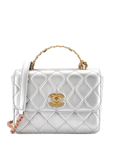 Pre-owned Chanel Logo Links Top Handle Flap Bag Quilted Calfskin Mini Satchel In Silver