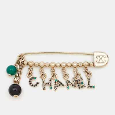 Pre-owned Chanel Logo Multicolor Crystal Safety Pin Brooch