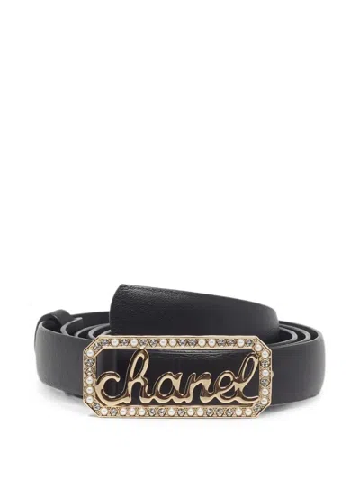 Pre-owned Chanel Logo Pearl-embellished Belt In Black