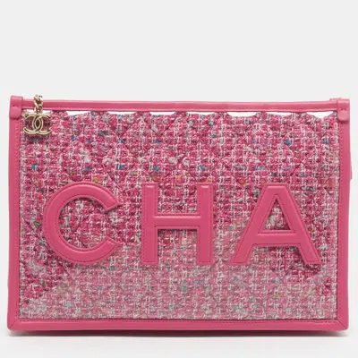 Pre-owned Chanel Logo Pink Pvc And Tweed Pouch