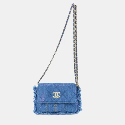 Pre-owned Chanel Logo Printed Quilted Fringe Denim Mood Flap Clutch With Chain In Blue
