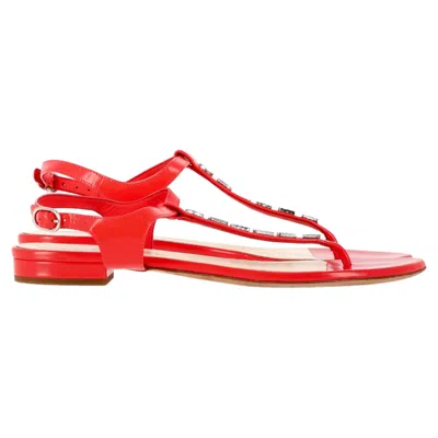 Pre-owned Chanel Logo T-strap Sandals In Red Calfskin Leather
