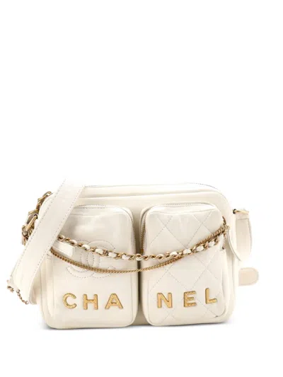 Pre-owned Chanel Logo Twin Pockets Chain Camera Case Quilted Calfskin Small Shoulder Bag In White