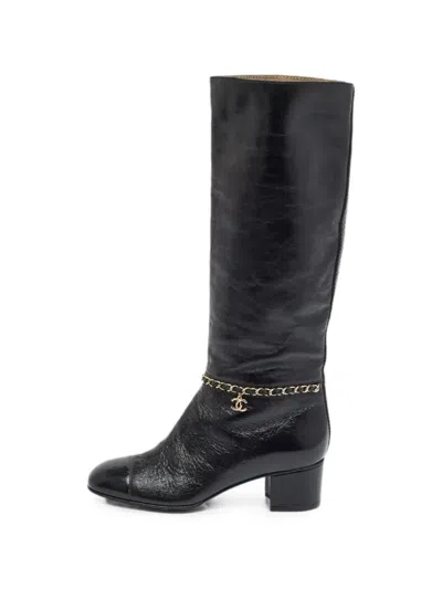 Pre-owned Chanel Logo-charm Chain-detail Boots In Black