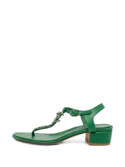 Pre-owned Chanel Logo-detail T-strap Quilted Sandals In Green