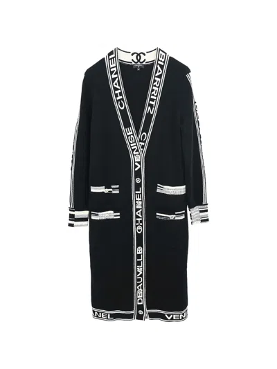 Pre-owned Chanel Logo-intarsia Long-line Cardigan In Black