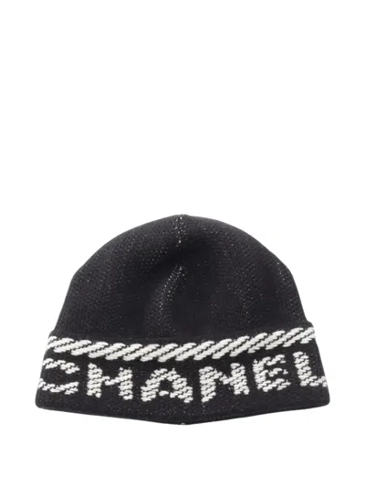 Pre-owned Chanel Logo-motif Beanie Hat In Black