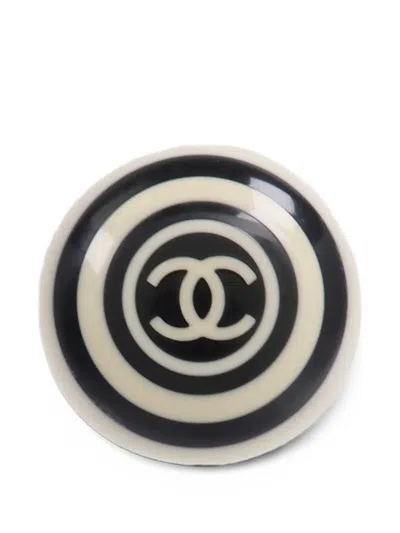 Pre-owned Chanel Logo-print Domed Ring In Black
