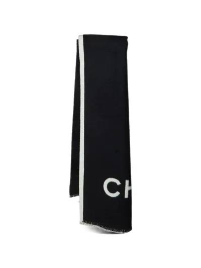Pre-owned Chanel Logo-print Fringed Scarf In Black