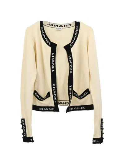 Pre-owned Chanel Logo-trim Knit Cardigan In Neutrals