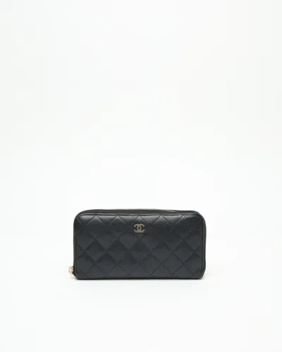 Pre-owned Chanel Long Caviar Zip Around Wallet In Black