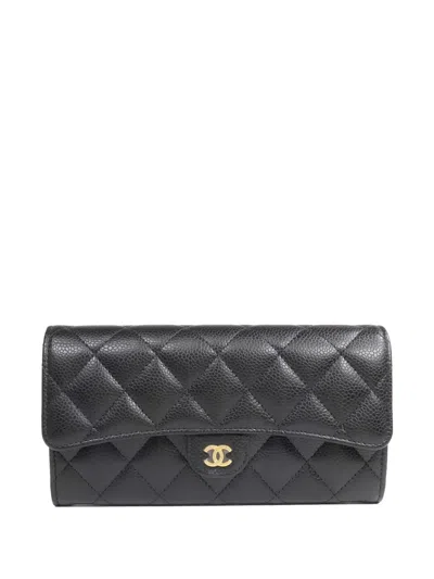 Pre-owned Chanel Long Cc Quilted Calfskin Wallet In Black