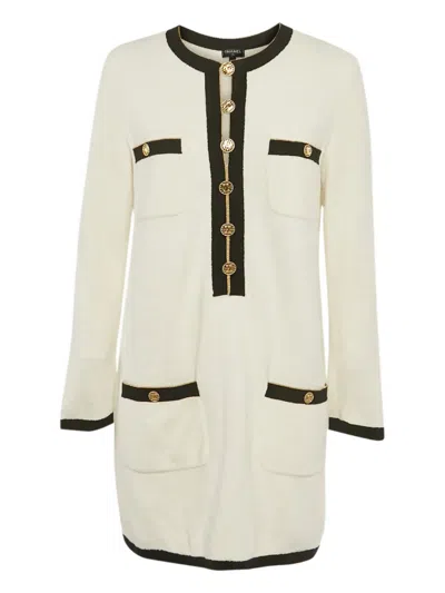 Pre-owned Chanel Long-sleeve Patch-pocket Dress In Neutral