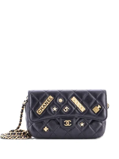 Pre-owned Chanel Lucky Charms Classic Flap Phone Holder With Chain Quilted Lambskin Crossbody Bag In Black