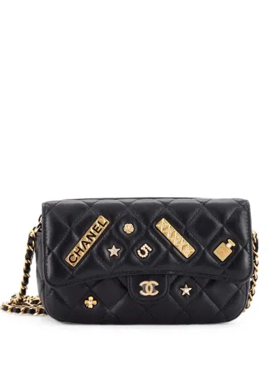 Pre-owned Chanel Lucky Charms Classic Flap Phone Holder With Chain Quilted Lambskin Crossbody Bag In Black