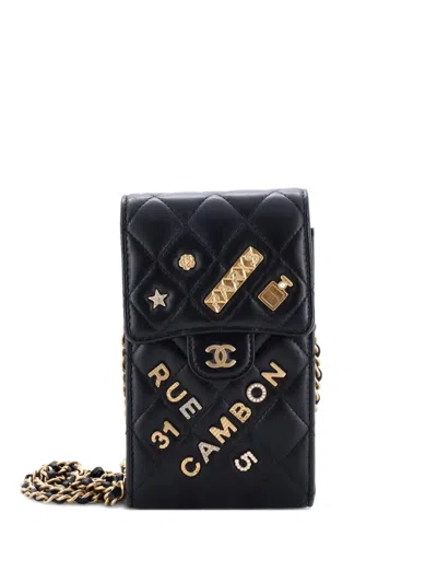 Pre-owned Chanel Lucky Charms Flap Phone Holder Quilted Lambskin Crossbody Bag In Black