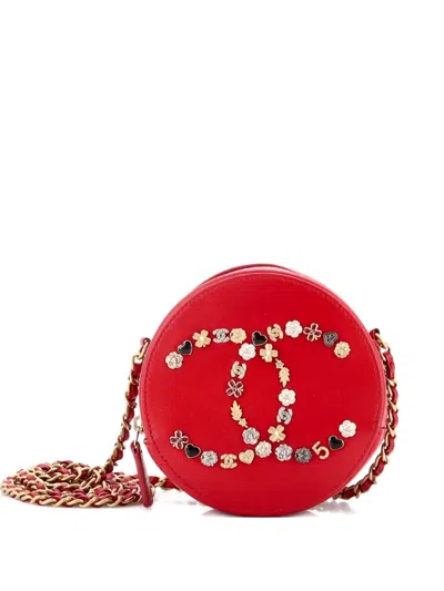 Pre-owned Chanel Lucky Charms Round With Chain Embellished Lambskin Clutch Bag In Red