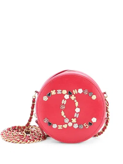 Pre-owned Chanel Lucky Charms Round With Chain Embellished Lambskin Clutch Bag In Red