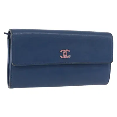 Pre-owned Chanel Lucky Clover Long Flap Wallet Leather Blue Leather Wallets Accessory ()