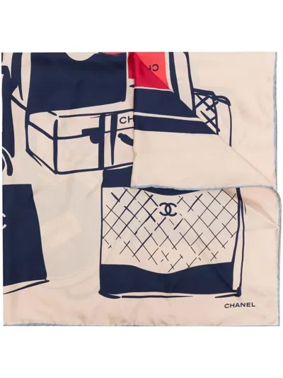 Pre-owned Chanel Luggage Print Silk Scarf In Neutrals